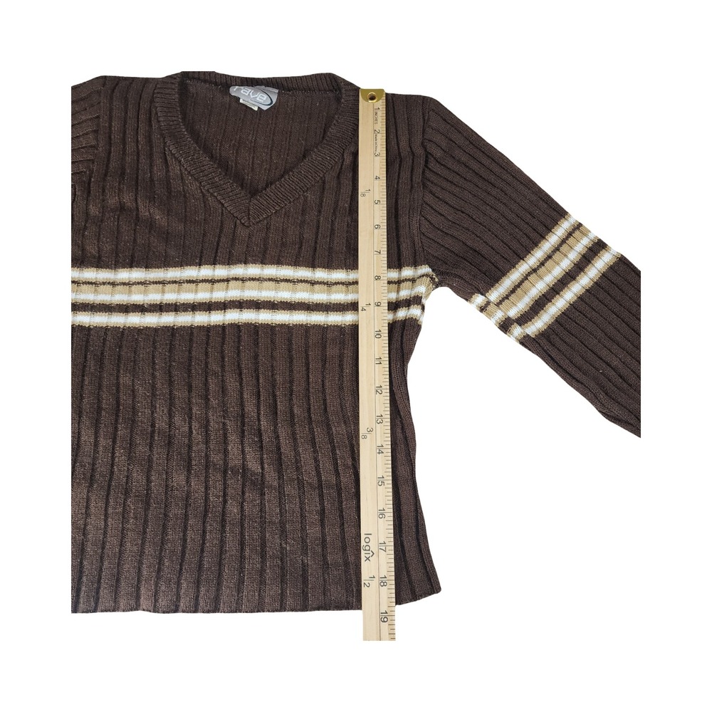 Vintage Rave Brown Ribbed Striped V-Neck Sweater Y2K Made in‎ USA Medium - Picture 5 of 9